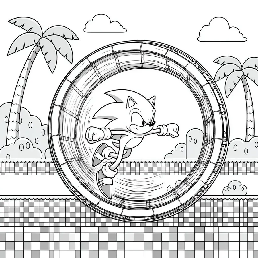 Sonic running through a Green Hill Zone loop printable coloring page