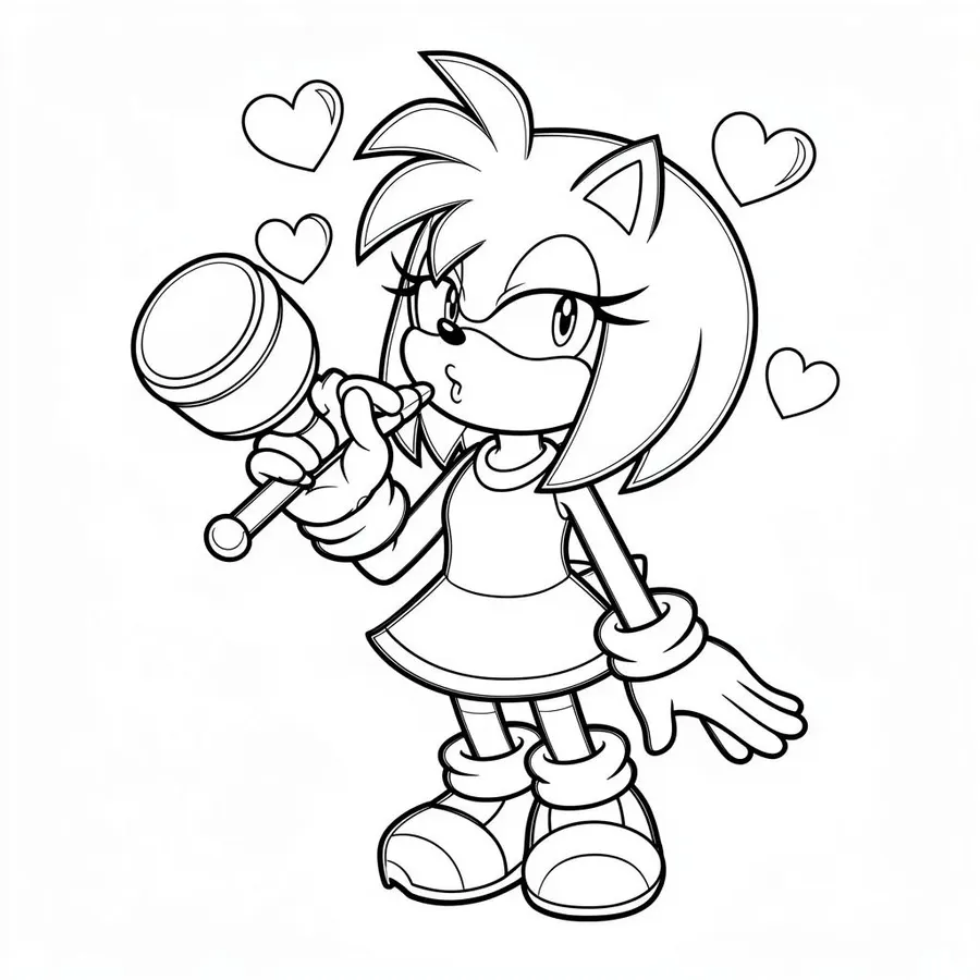 Amy Rose with hearts and hammer printable coloring page