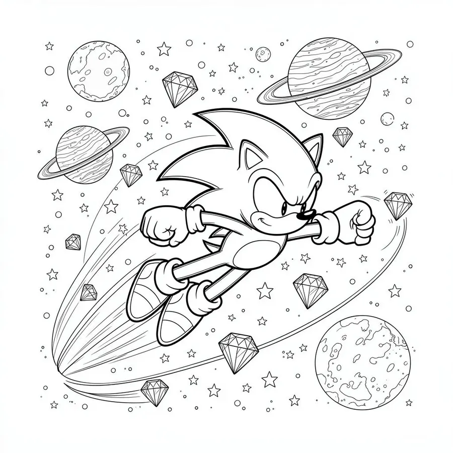 Super Sonic flying through space printable coloring page