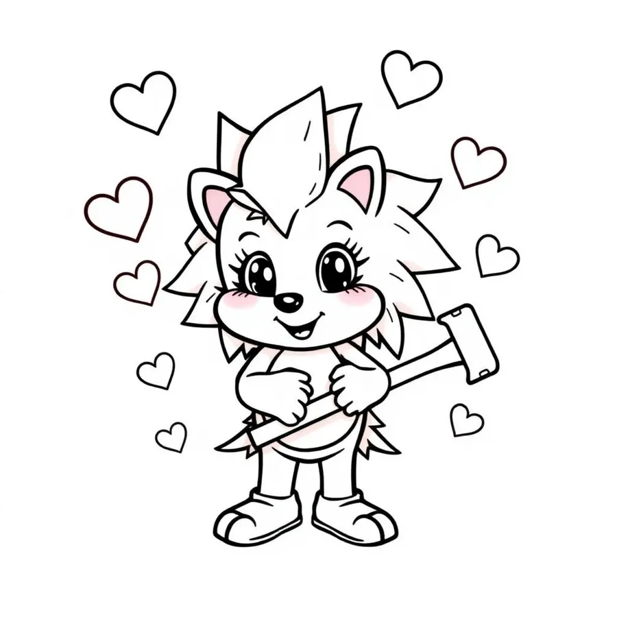 Amy Rose with piko hammer and hearts printable coloring page