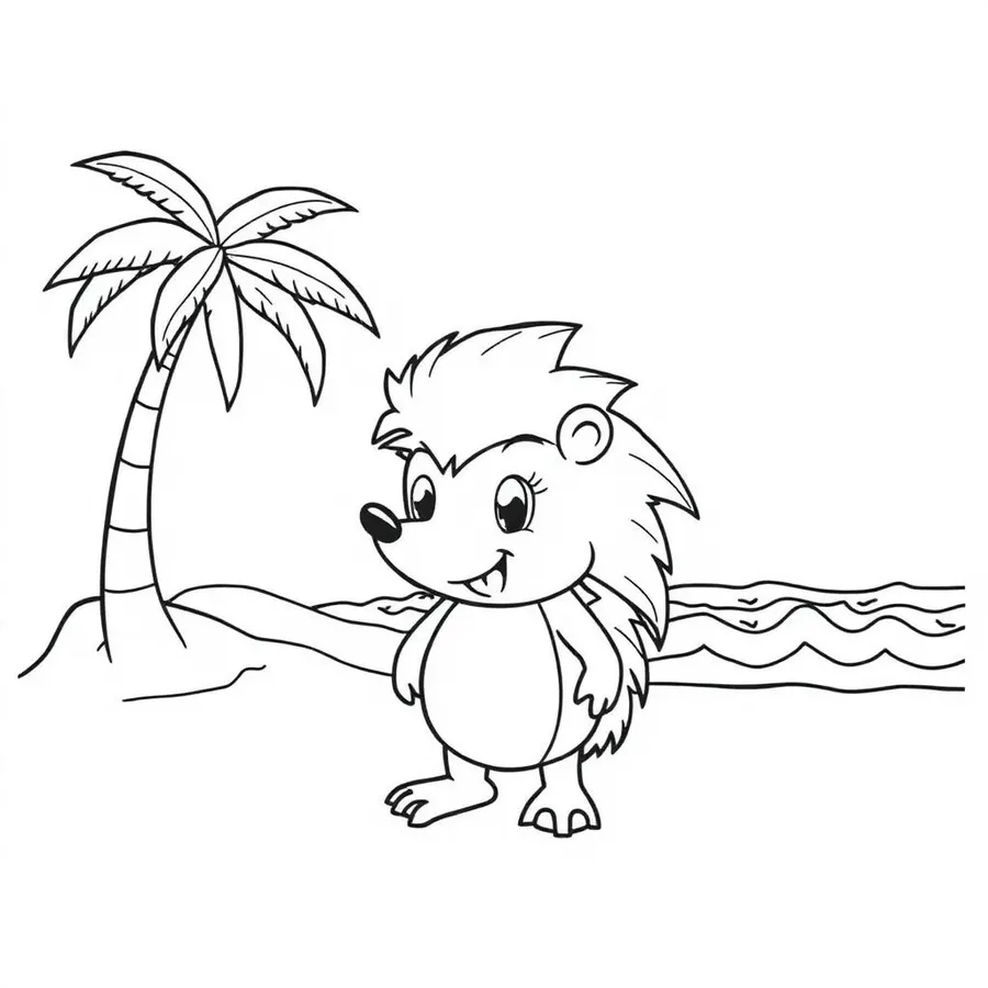 Sonic at the beach with palm trees printable coloring page