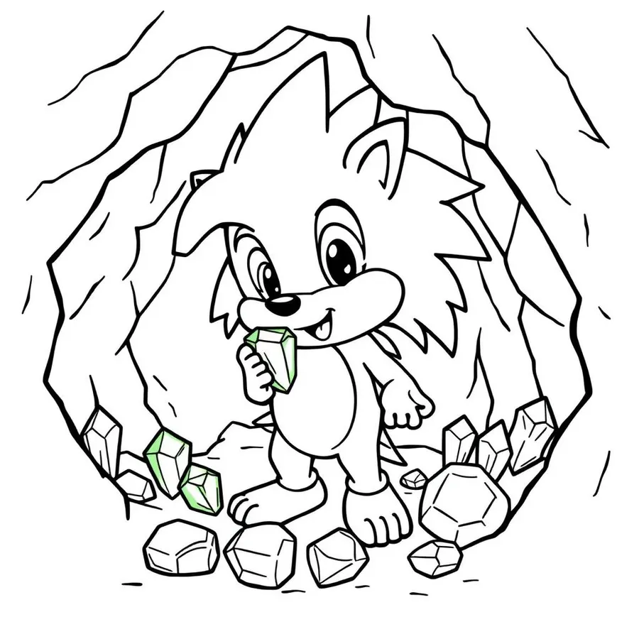 Sonic collecting chaos emeralds in a cave printable coloring page