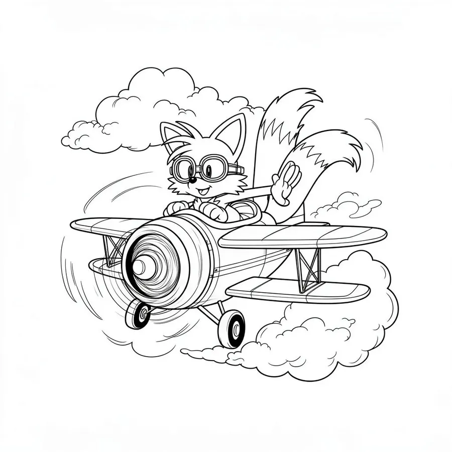 Tails flying a biplane printable coloring page