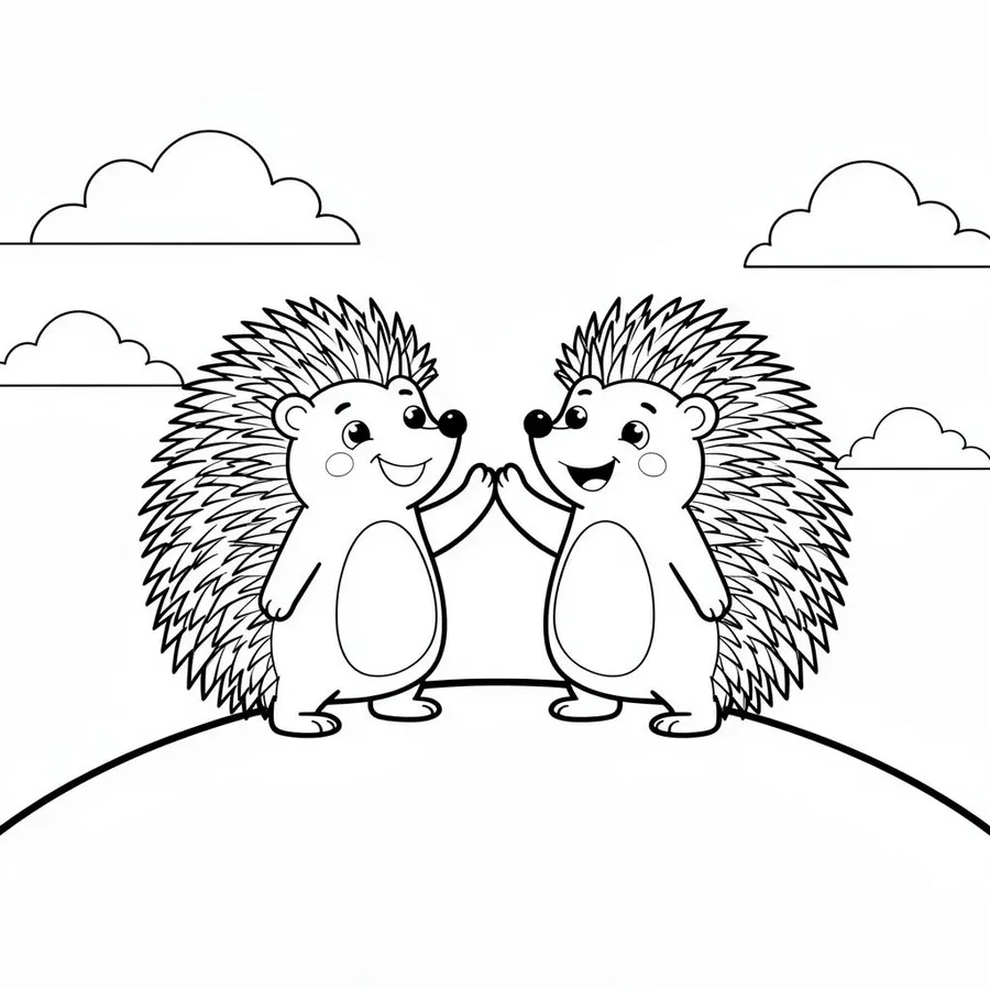 Two hedgehog friends high-fiving printable coloring page