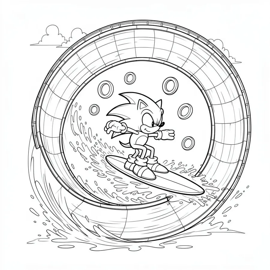 Sonic surfing through rings printable coloring page