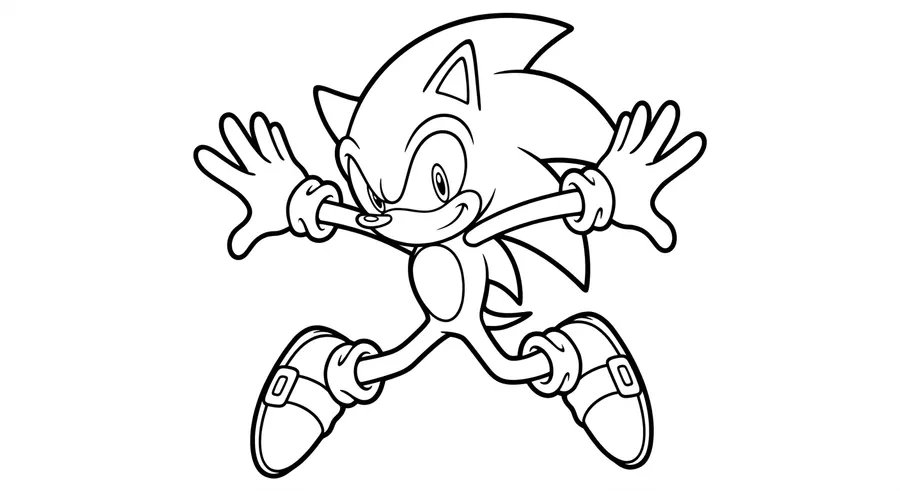 Sonic jumping high in the air with arms spread wide printable coloring page
