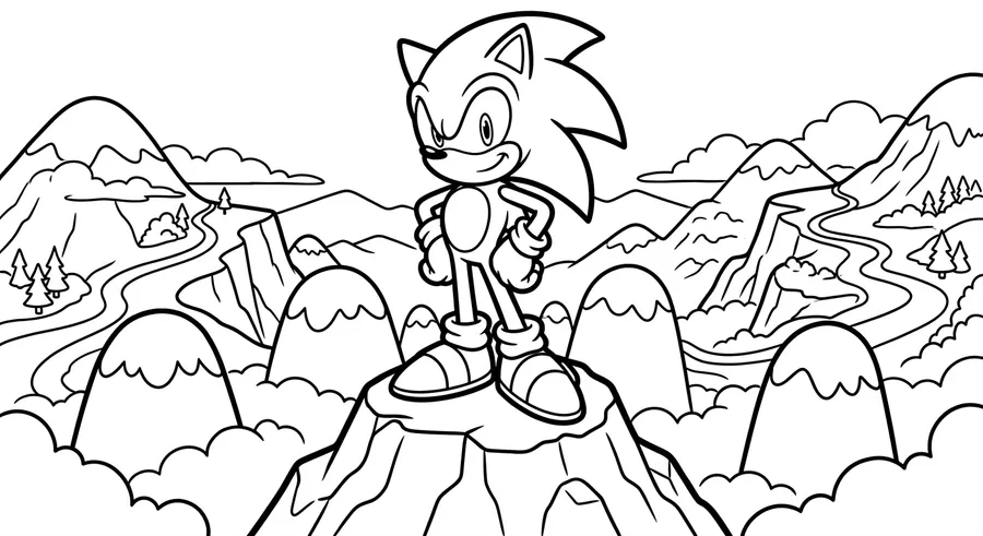 Sonic standing on top of a tall mountain pose printable coloring page