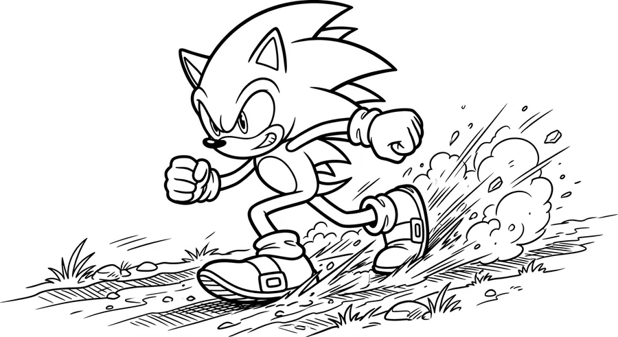 Sonic skidding to a stop with dust kicking up printable coloring page
