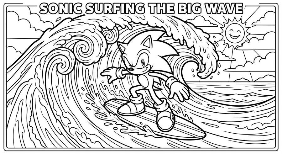 Sonic surfing on a giant ocean wave printable coloring page