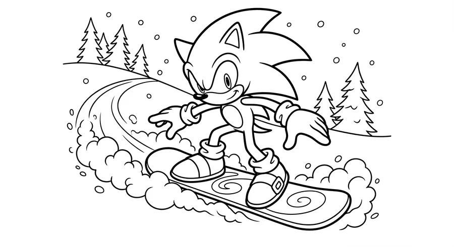 Sonic snowboarding down a snowy slope printable coloring page