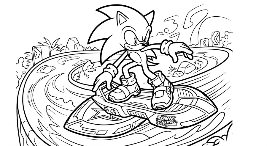 Sonic riding a hoverboard from Sonic Riders printable coloring page
