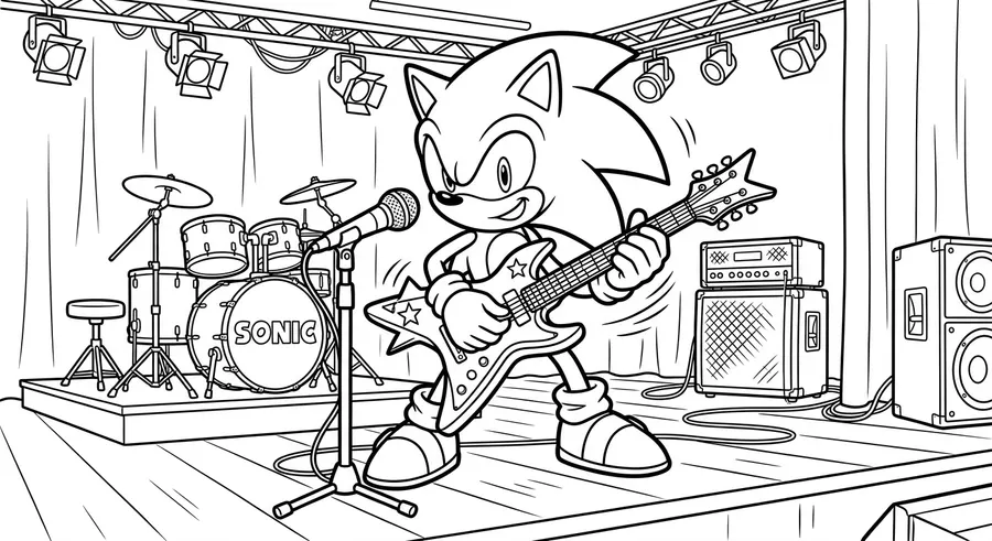 Sonic playing electric guitar on a stage printable coloring page