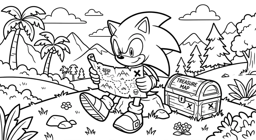 Sonic reading a treasure map outdoors printable coloring page