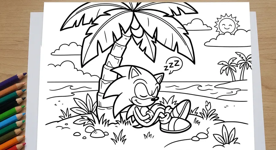 Sonic sleeping under a palm tree printable coloring page