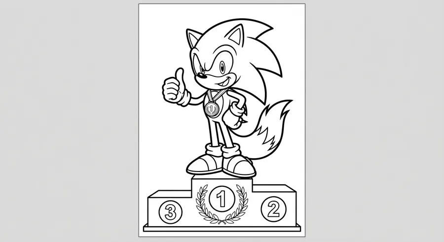 Sonic posing on a victory podium with medal printable coloring page
