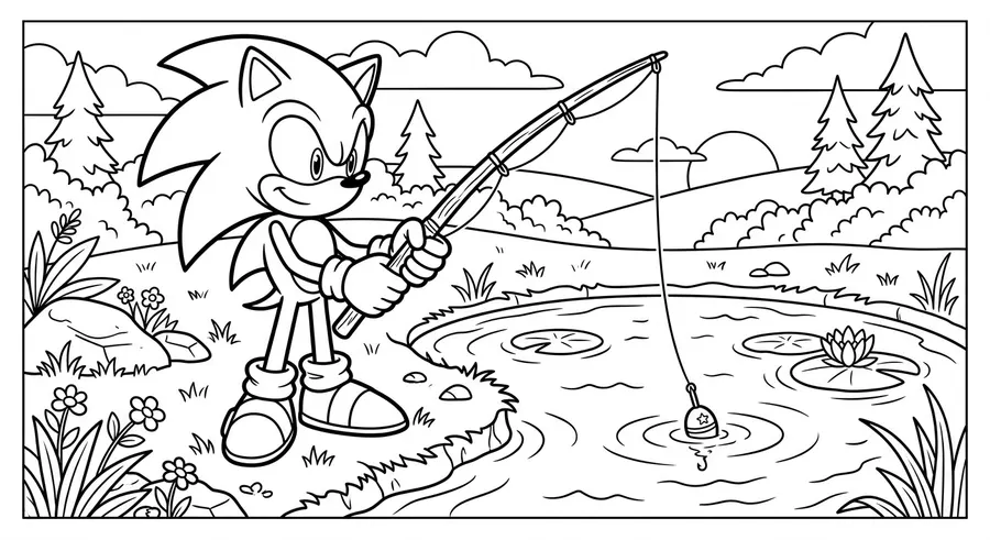 Sonic with a fishing rod by a pond printable coloring page