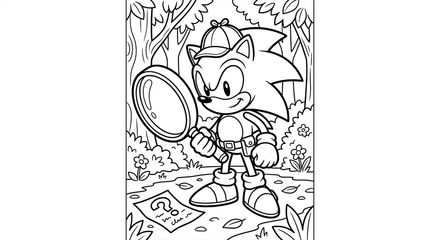 Sonic holding a giant magnifying glass detective style printable coloring page
