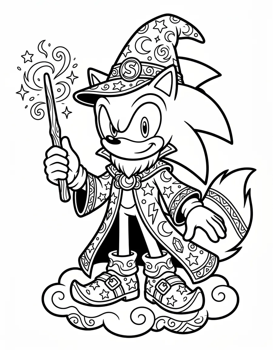 Sonic dressed as a wizard with a magic wand printable coloring page