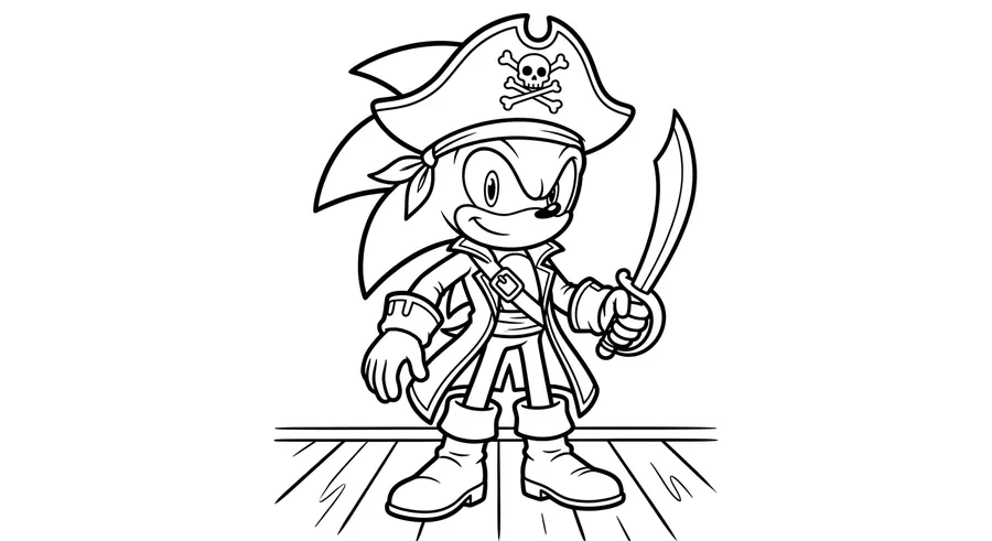 Sonic as a pirate with a hat and sword printable coloring page