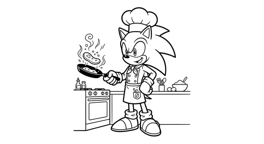 Sonic as a chef cooking with a frying pan printable coloring page