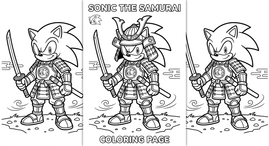 Sonic as a samurai with a katana printable coloring page