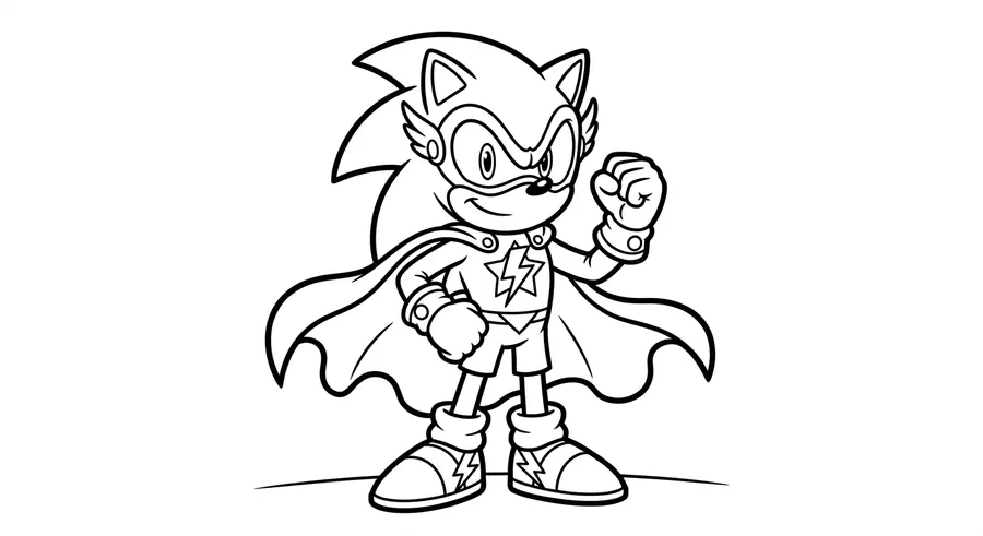 Sonic dressed as a superhero with a cape printable coloring page