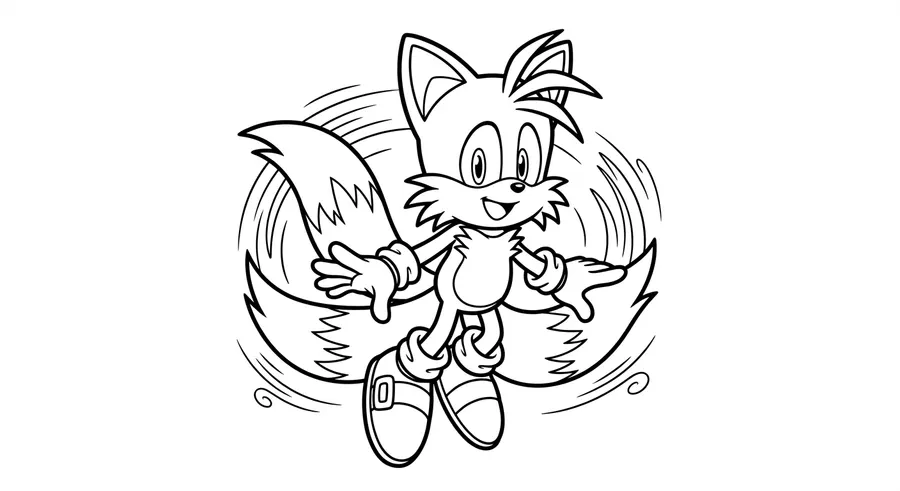 Tails the fox flying with twin tails spinning printable coloring page