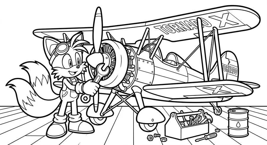 Tails repairing his biplane Tornado with a wrench printable coloring page