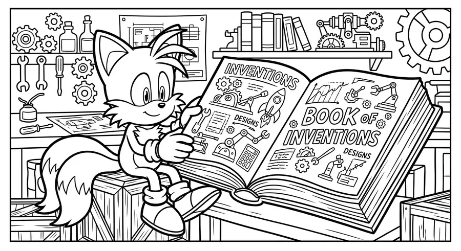 Tails reading a giant book of inventions printable coloring page