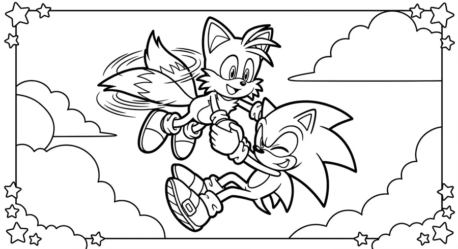 Tails carrying Sonic by the arms while flying printable coloring page