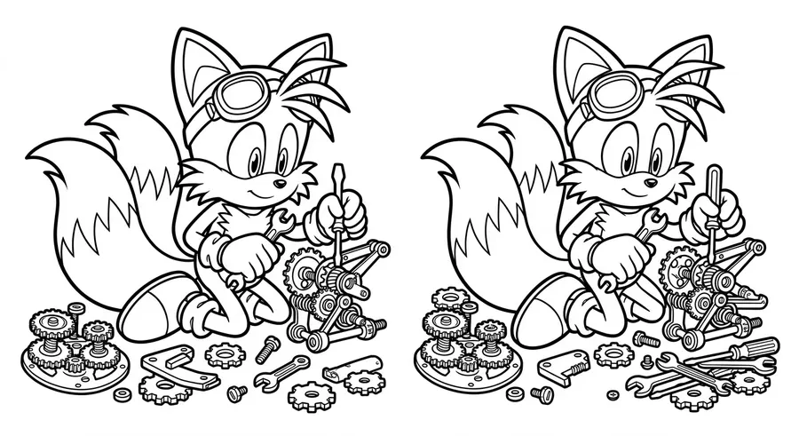 Tails playing with mechanical gadgets printable coloring page
