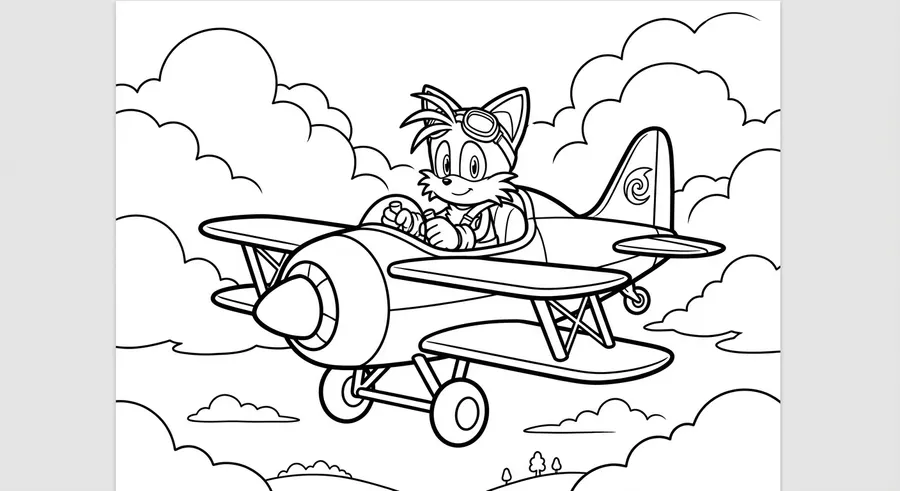 Tails piloting the Tornado plane in clouds printable coloring page