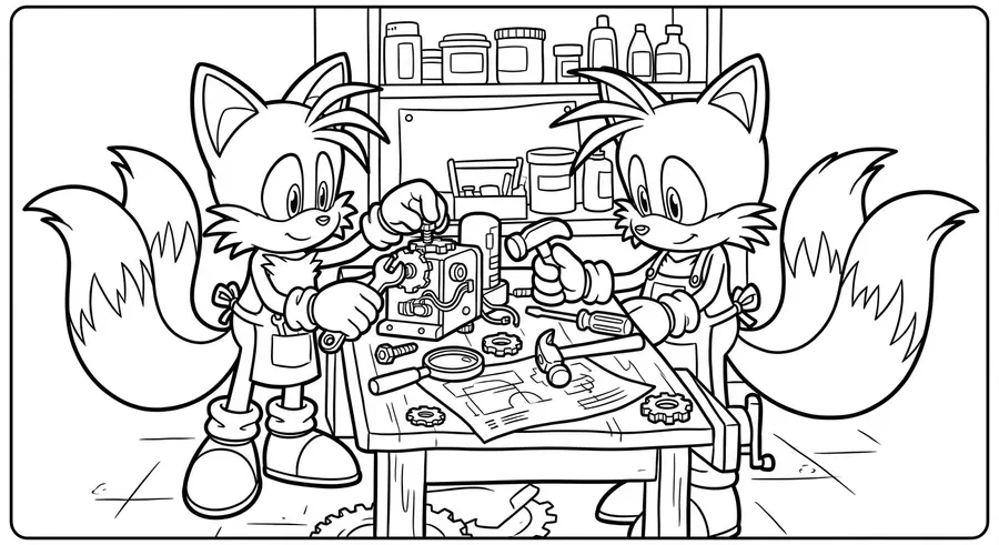 Tails working at a workshop with tools printable coloring page