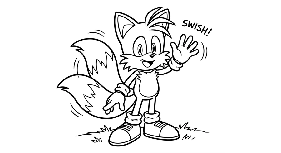 Tails giving a happy two-tailed wave printable coloring page