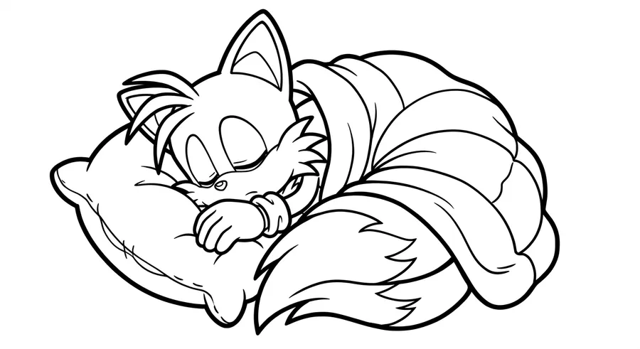 Tails curled up sleeping with tails as a blanket printable coloring page