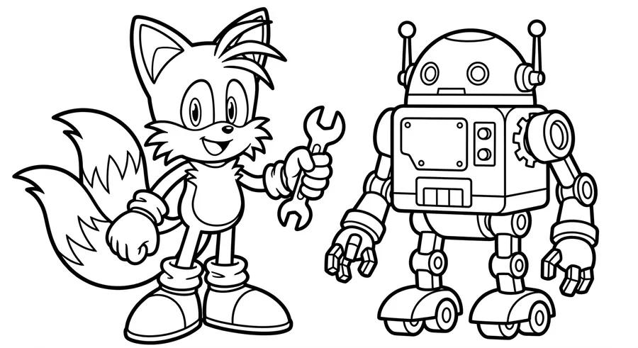 Tails standing next to a robot he built printable coloring page