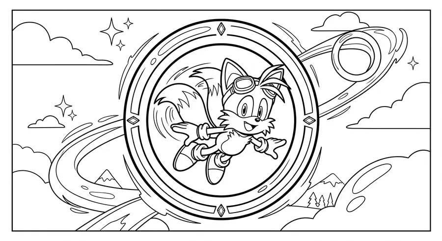 Tails flying through a ring formation printable coloring page