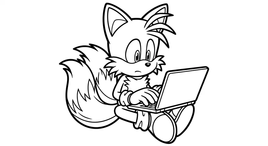 Tails sitting cross-legged with a laptop printable coloring page