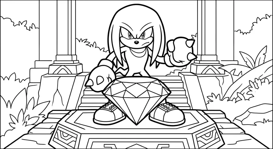 Knuckles guarding the Master Emerald on its altar printable coloring page