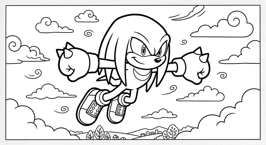 Knuckles gliding through the sky with arms out printable coloring page