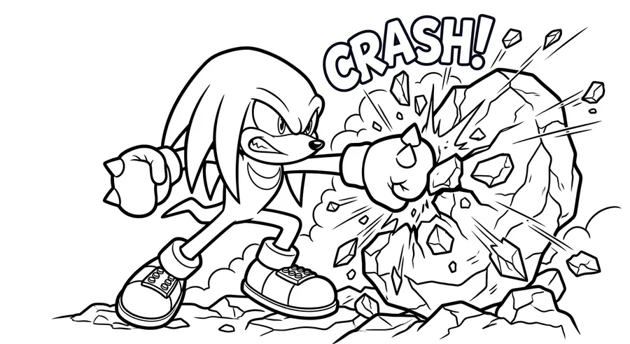 Knuckles smashing a giant boulder printable coloring page