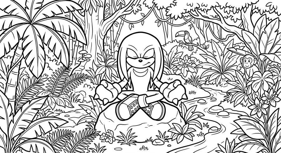 Knuckles meditating in a tropical jungle printable coloring page