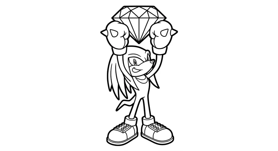 Knuckles holding a chaos emerald above his head printable coloring page