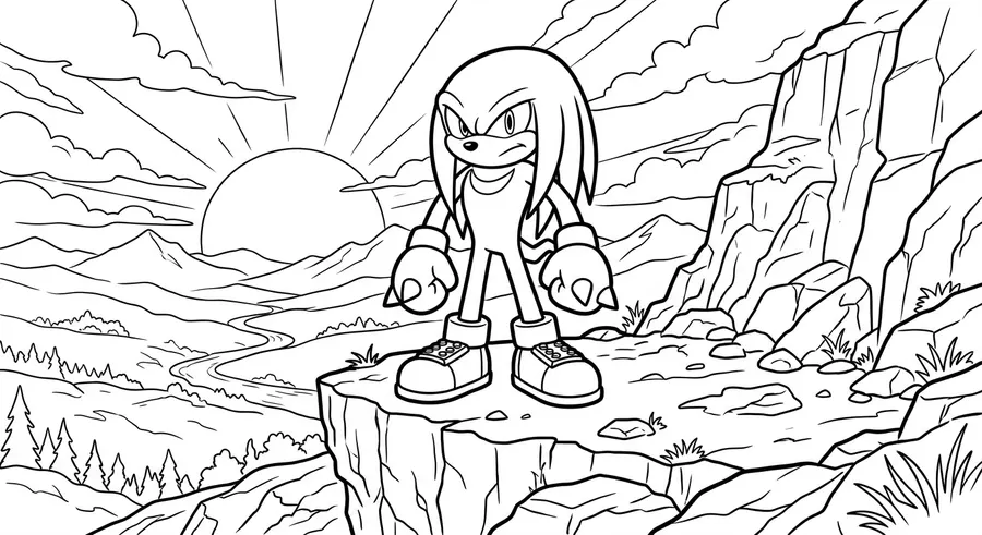 Knuckles standing on a cliff at sunrise printable coloring page