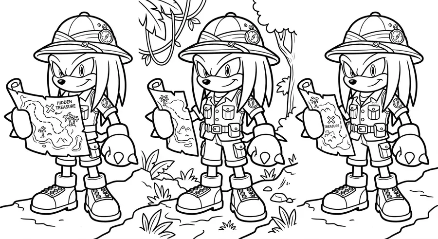 Knuckles wearing explorer gear with map printable coloring page