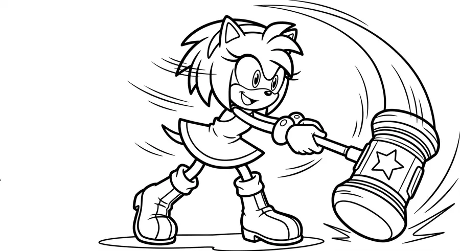 Amy Rose swinging her Piko Piko Hammer printable coloring page
