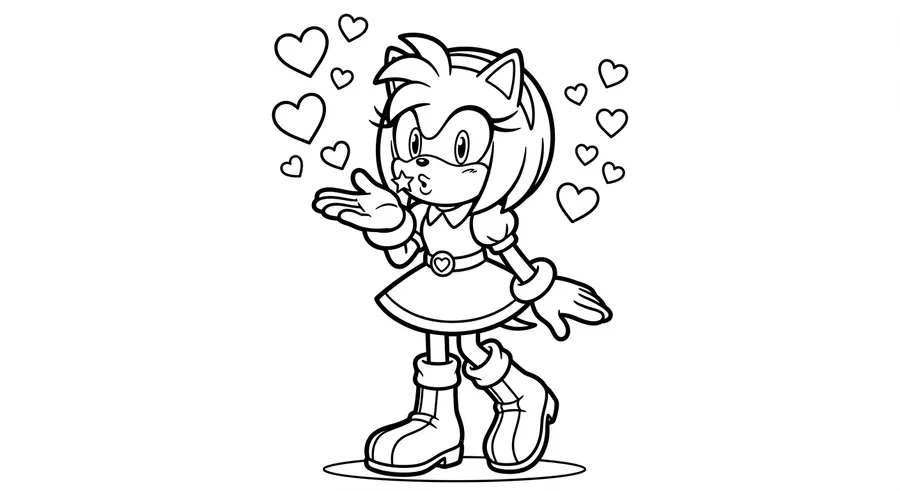 Amy Rose blowing a kiss with hearts floating printable coloring page