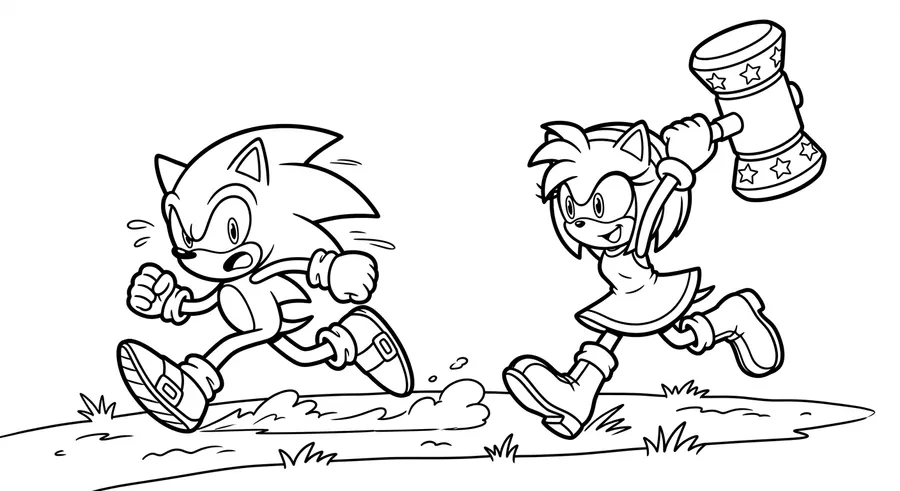 Amy Rose chasing Sonic with hammer raised printable coloring page