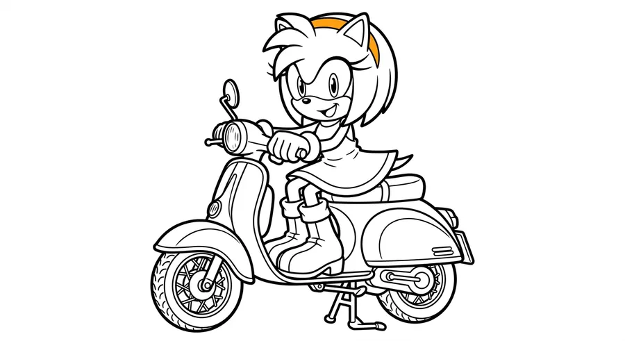 Amy Rose riding a scooter printable coloring page