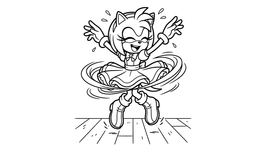 Amy Rose dancing happily with skirt twirling printable coloring page